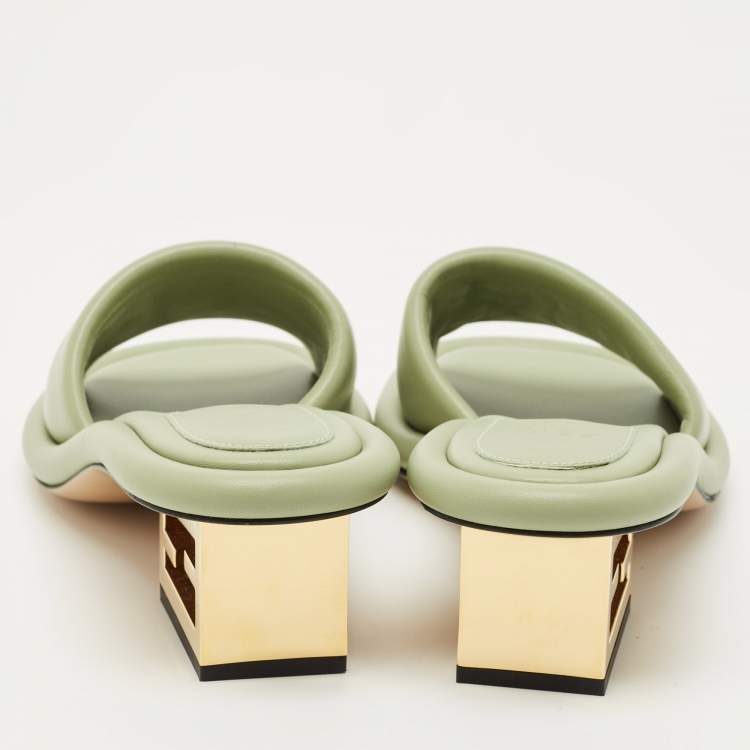Pre Owned Fendi Green Leather Baguette Heel Slide Sandals Size 38.5