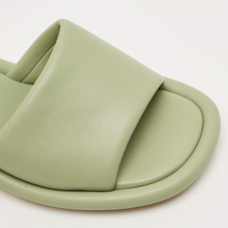 Pre Owned Fendi Green Leather Baguette Heel Slide Sandals Size 38.5