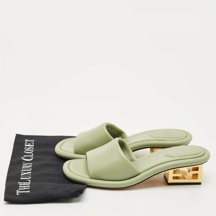 Pre Owned Fendi Green Leather Baguette Heel Slide Sandals Size 38.5