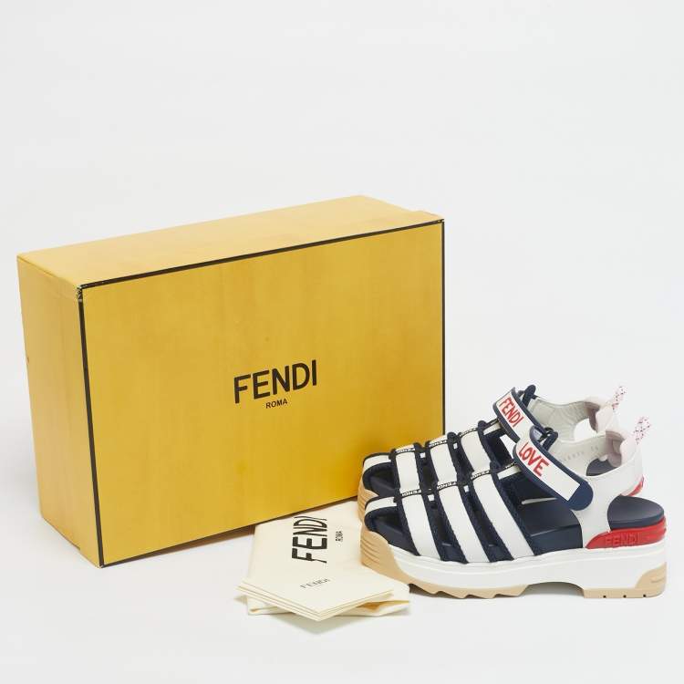 Pre Owned Fendi White/Navy Blue Leather and Mesh T-Rex Platform Sandals Size 36