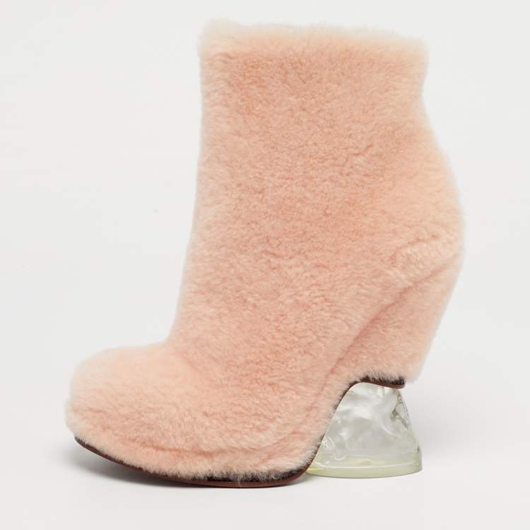 Pre Owned Fendi Light Pink Shearling Ice Heel Ankle Boots Size 38