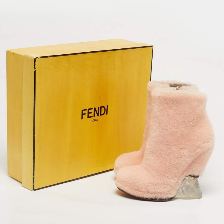 Pre Owned Fendi Light Pink Shearling Ice Heel Ankle Boots Size 38
