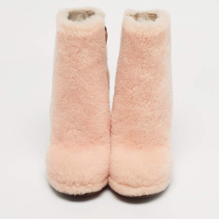 Pre Owned Fendi Light Pink Shearling Ice Heel Ankle Boots Size 38