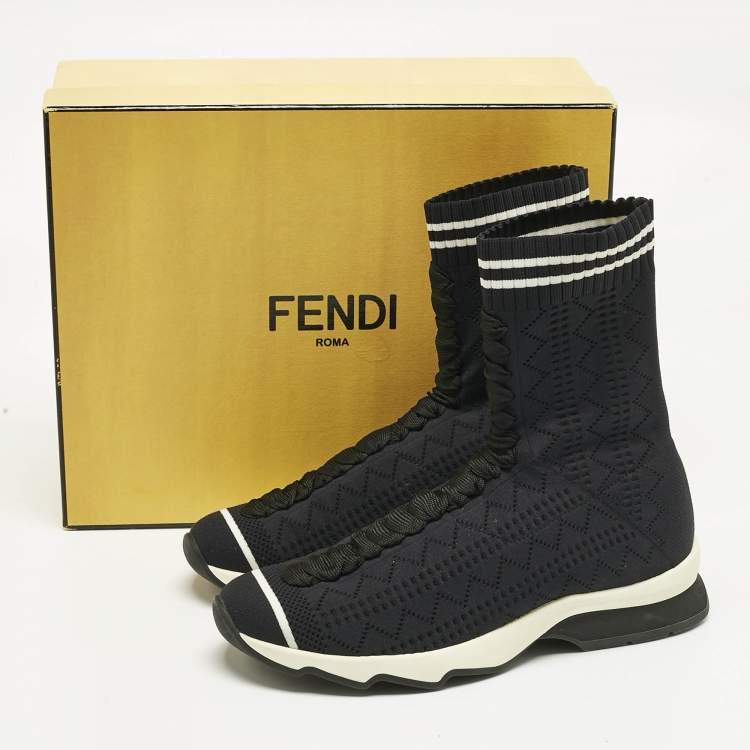 Pre Owned Fendi Navy Blue Knit Fabric Sock High Top Sneakers Size 37