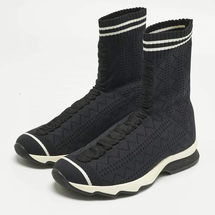 Pre Owned Fendi Navy Blue Knit Fabric Sock High Top Sneakers Size 37