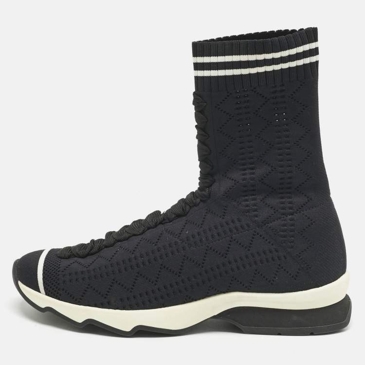 Pre Owned Fendi Navy Blue Knit Fabric Sock High Top Sneakers Size 37