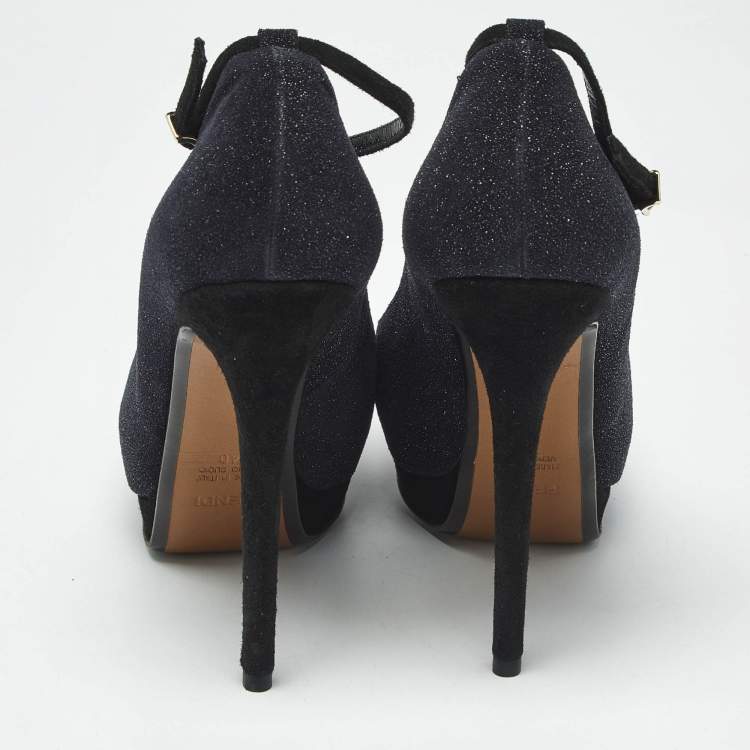 Pre Owned Fendi Black Glitter Suede Ankle Strap Platform Pumps Size 40