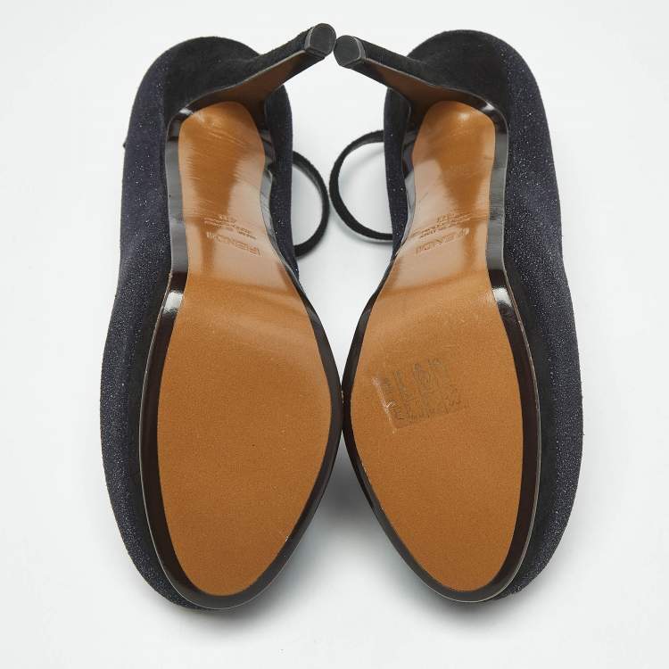 Pre Owned Fendi Black Glitter Suede Ankle Strap Platform Pumps Size 40