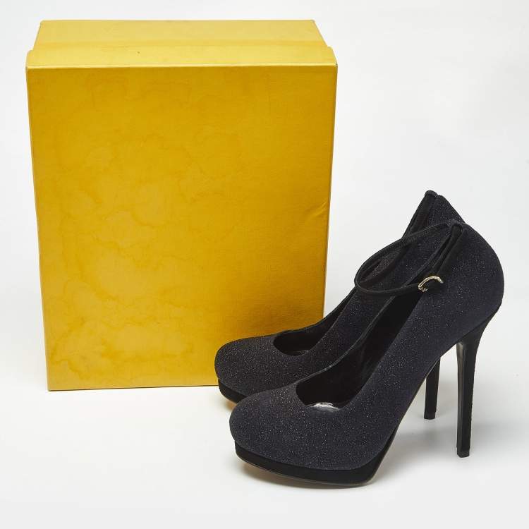 Pre Owned Fendi Black Glitter Suede Ankle Strap Platform Pumps Size 40