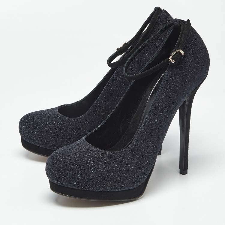Pre Owned Fendi Black Glitter Suede Ankle Strap Platform Pumps Size 40