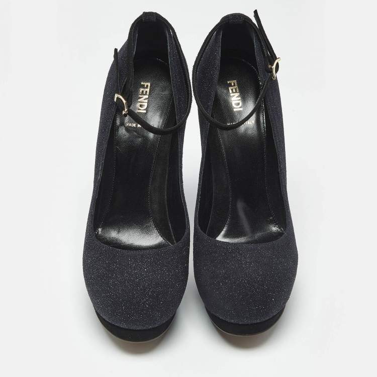 Pre Owned Fendi Black Glitter Suede Ankle Strap Platform Pumps Size 40