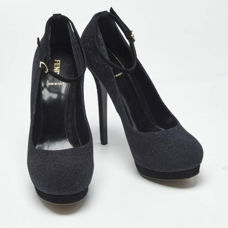 Pre Owned Fendi Black Glitter Suede Ankle Strap Platform Pumps Size 40