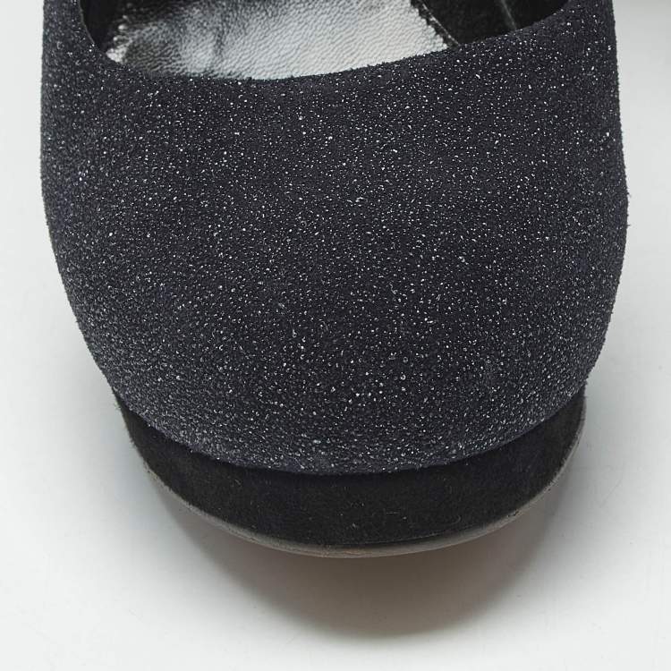 Pre Owned Fendi Black Glitter Suede Ankle Strap Platform Pumps Size 40