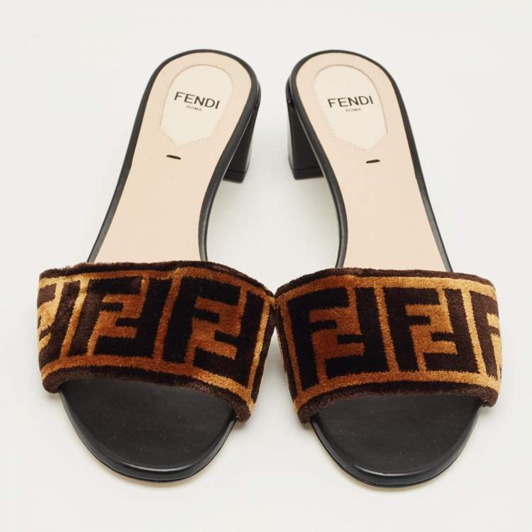 Pre Owned Fendi Brown Velvet FF Logo Zucca Slide Sandals Size 37.5