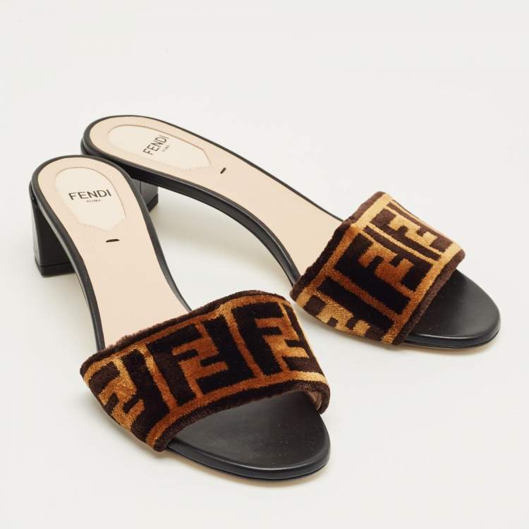 Pre Owned Fendi Brown Velvet FF Logo Zucca Slide Sandals Size 37.5