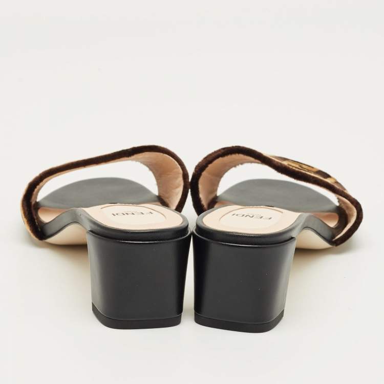 Pre Owned Fendi Brown Velvet FF Logo Zucca Slide Sandals Size 37.5