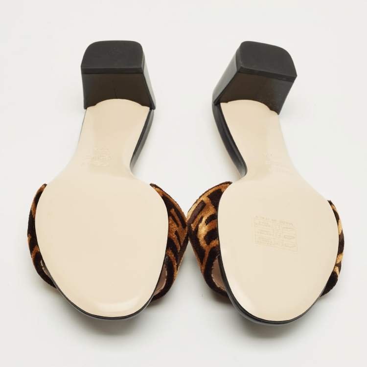 Pre Owned Fendi Brown Velvet FF Logo Zucca Slide Sandals Size 37.5