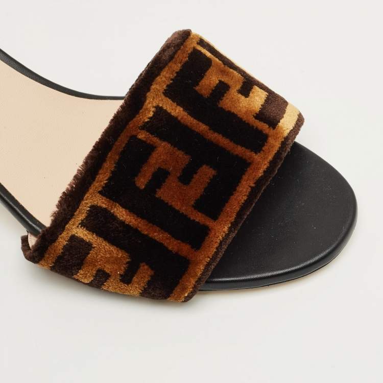 Pre Owned Fendi Brown Velvet FF Logo Zucca Slide Sandals Size 37.5