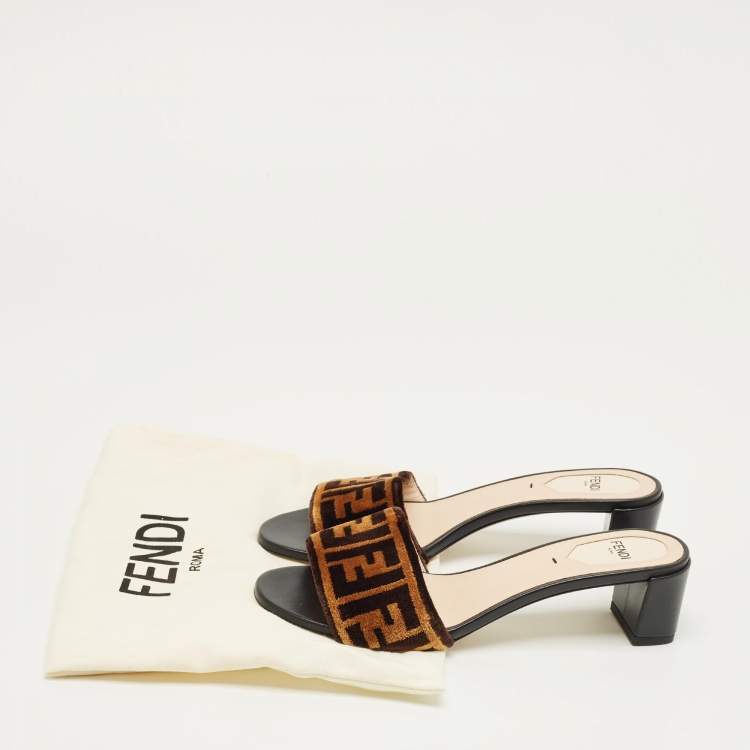 Pre Owned Fendi Brown Velvet FF Logo Zucca Slide Sandals Size 37.5