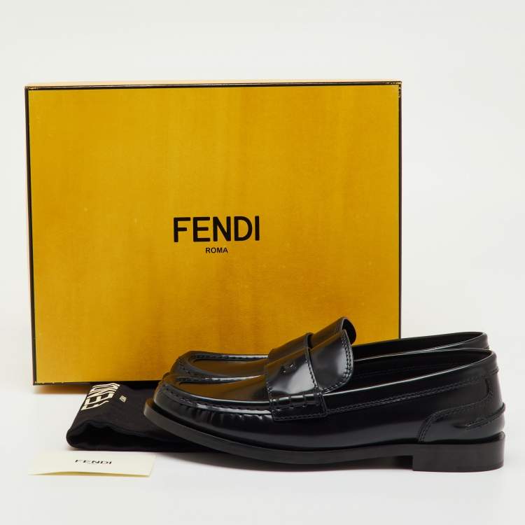 Pre Owned Fendi Black Brushed Leather Logo Slip On Loafers Size 38