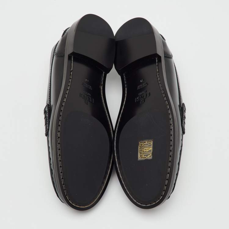 Pre Owned Fendi Black Brushed Leather Logo Slip On Loafers Size 38