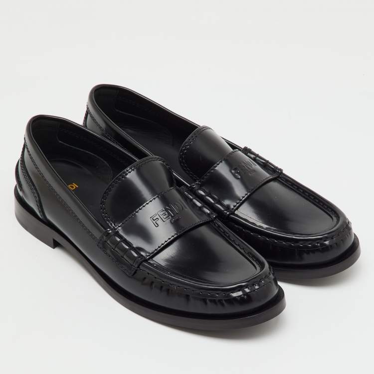 Pre Owned Fendi Black Brushed Leather Logo Slip On Loafers Size 38