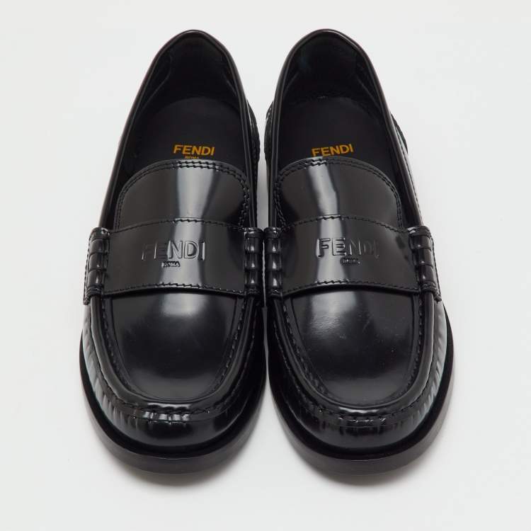 Pre Owned Fendi Black Brushed Leather Logo Slip On Loafers Size 38