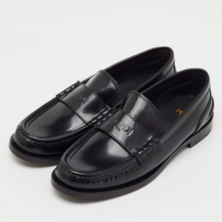 Pre Owned Fendi Black Brushed Leather Logo Slip On Loafers Size 38