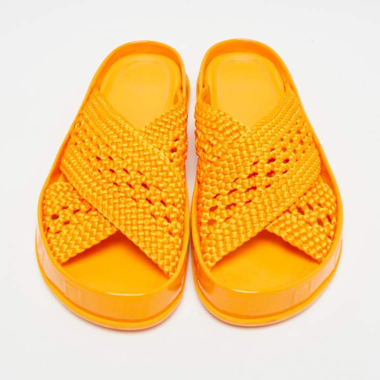 Pre Owned Fendi Forever Orange Nylon and Patent Leather Flat Slide Size 36