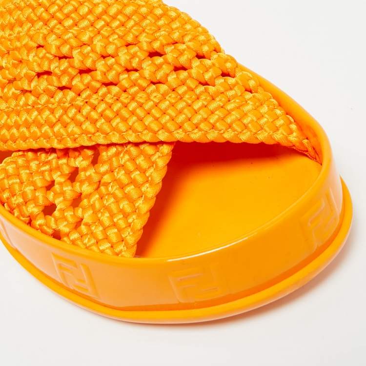 Pre Owned Fendi Forever Orange Nylon and Patent Leather Flat Slide Size 36