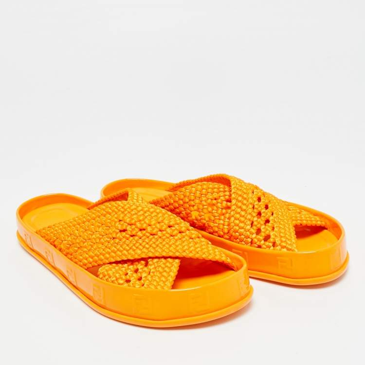 Pre Owned Fendi Forever Orange Nylon and Patent Leather Flat Slide Size 36