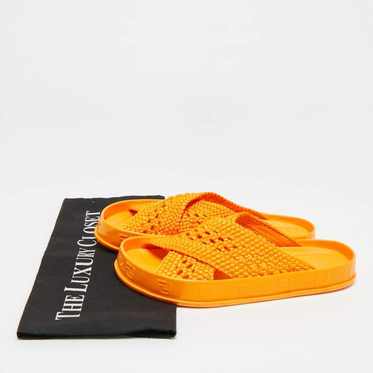 Pre Owned Fendi Forever Orange Nylon and Patent Leather Flat Slide Size 36