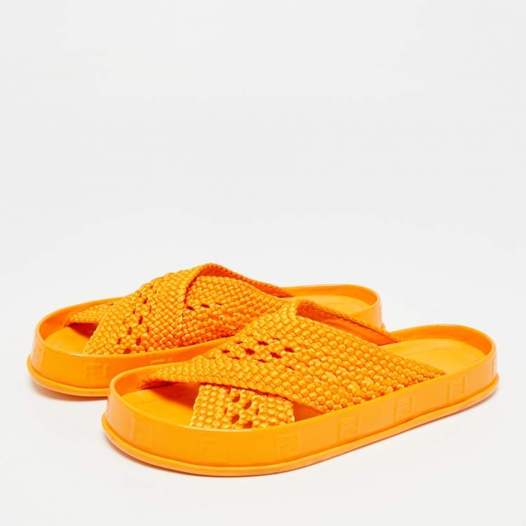 Pre Owned Fendi Forever Orange Nylon and Patent Leather Flat Slide Size 36