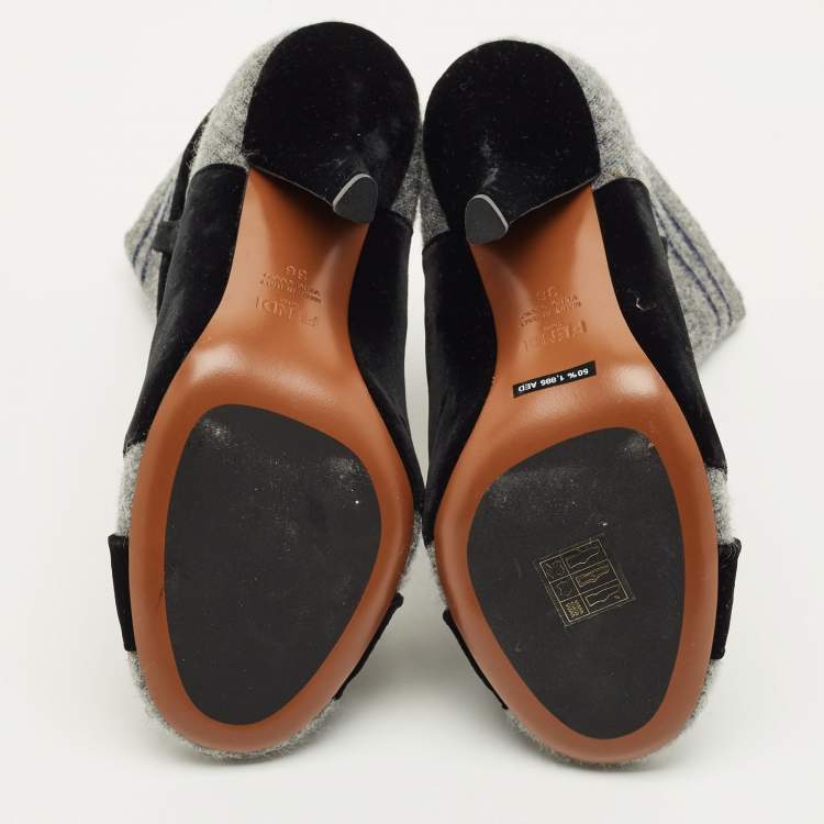 Pre Owned Fendi Size 36 Grey/Black Tweed and Velvet Sucks Boots