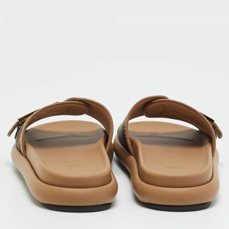 Pre Owned Fendi Feel Size 37 Zucca Brown Canvas and Leather Flat Sandals