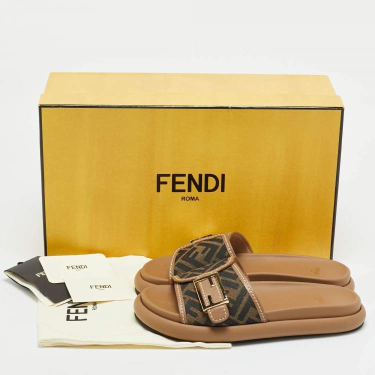 Pre Owned Fendi Feel Size 37 Zucca Brown Canvas and Leather Flat Sandals