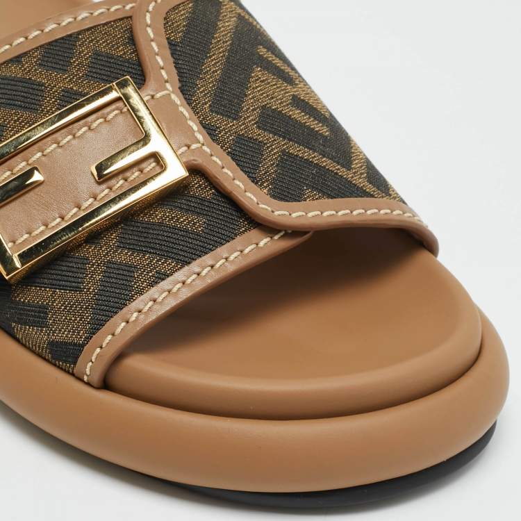 Pre Owned Fendi Feel Size 37 Zucca Brown Canvas and Leather Flat Sandals