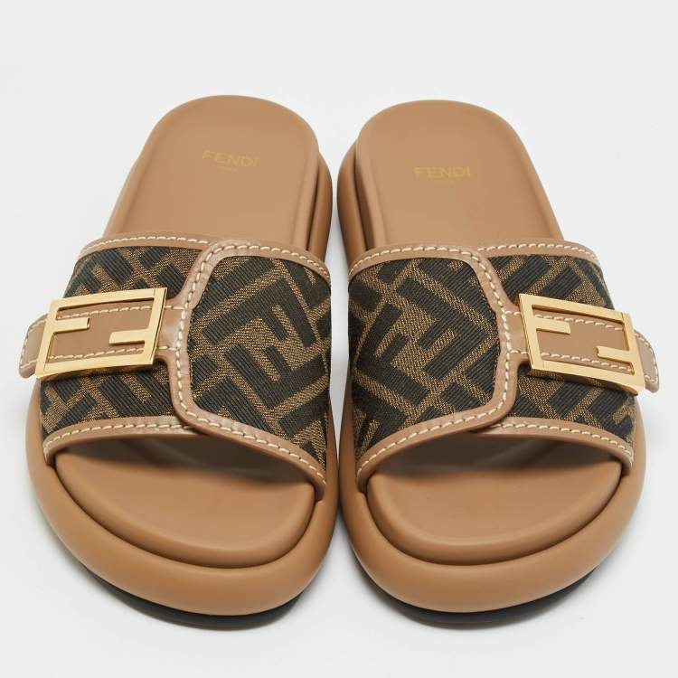 Pre Owned Fendi Feel Size 37 Zucca Brown Canvas and Leather Flat Sandals