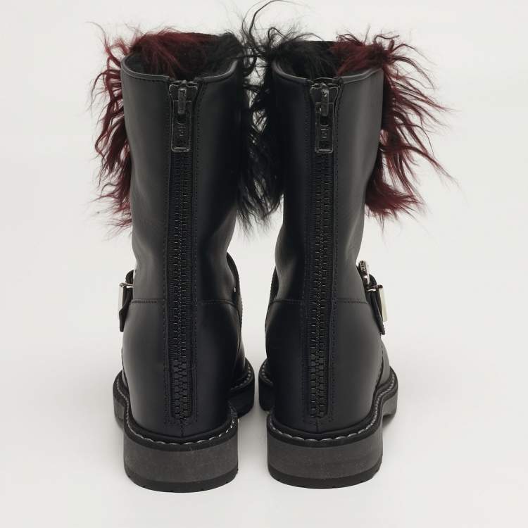 Pre Owned Fendi Caroline Size 35 Black Leather and Fur Combat Boots