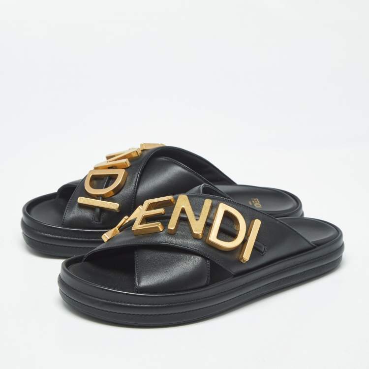 Pre Owned Fendi Fendigraphy Size 38 Black Leather Flat Slide
