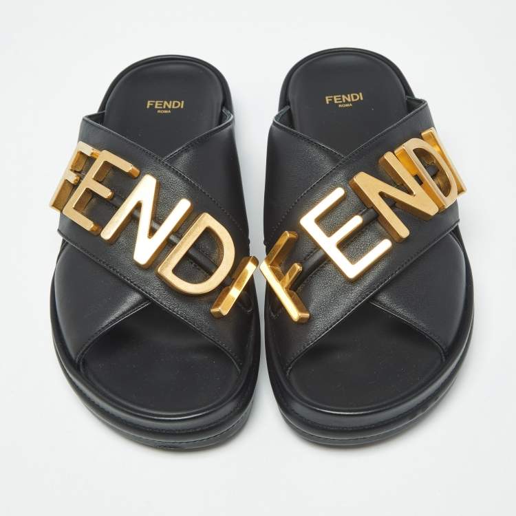 Pre Owned Fendi Fendigraphy Size 38 Black Leather Flat Slide