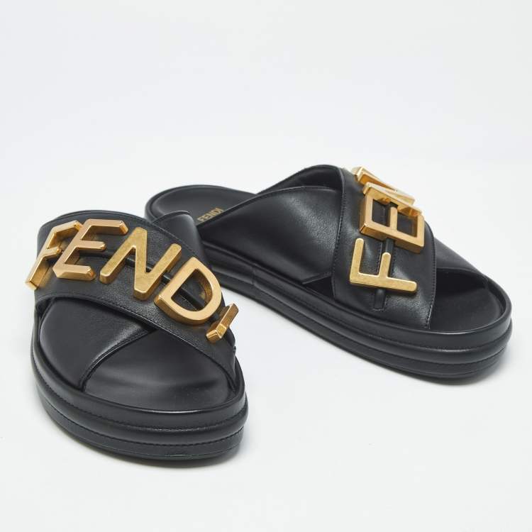 Pre Owned Fendi Fendigraphy Size 38 Black Leather Flat Slide