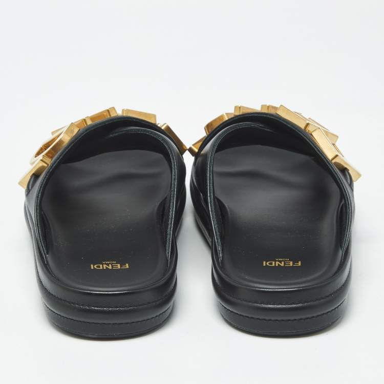 Pre Owned Fendi Fendigraphy Size 38 Black Leather Flat Slide