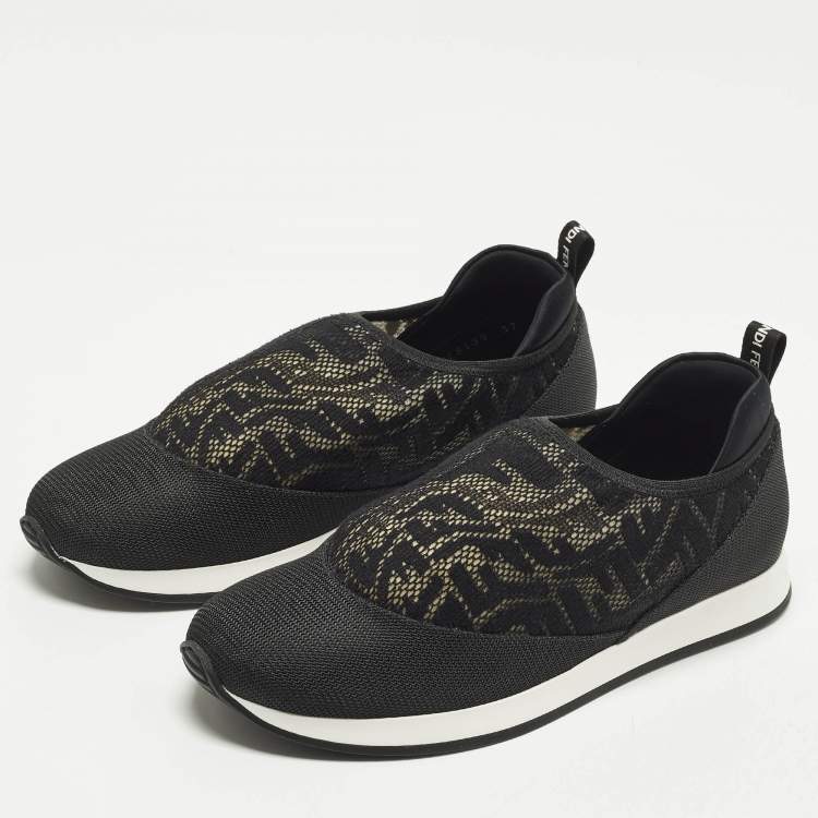 Pre Owned Fendi Size 37 Black FF Vertigo Mesh and Grosgrain Slip On Sneakers