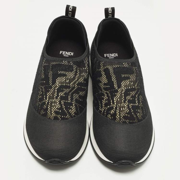Pre Owned Fendi Size 37 Black FF Vertigo Mesh and Grosgrain Slip On Sneakers