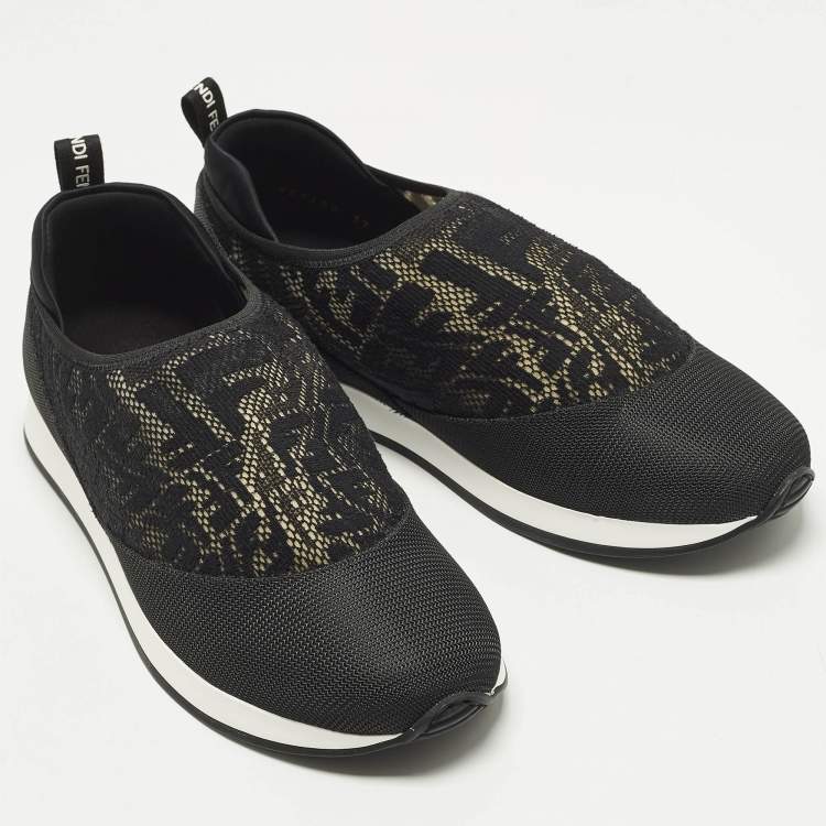 Pre Owned Fendi Size 37 Black FF Vertigo Mesh and Grosgrain Slip On Sneakers