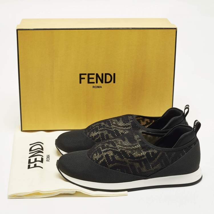 Pre Owned Fendi Size 37 Black FF Vertigo Mesh and Grosgrain Slip On Sneakers