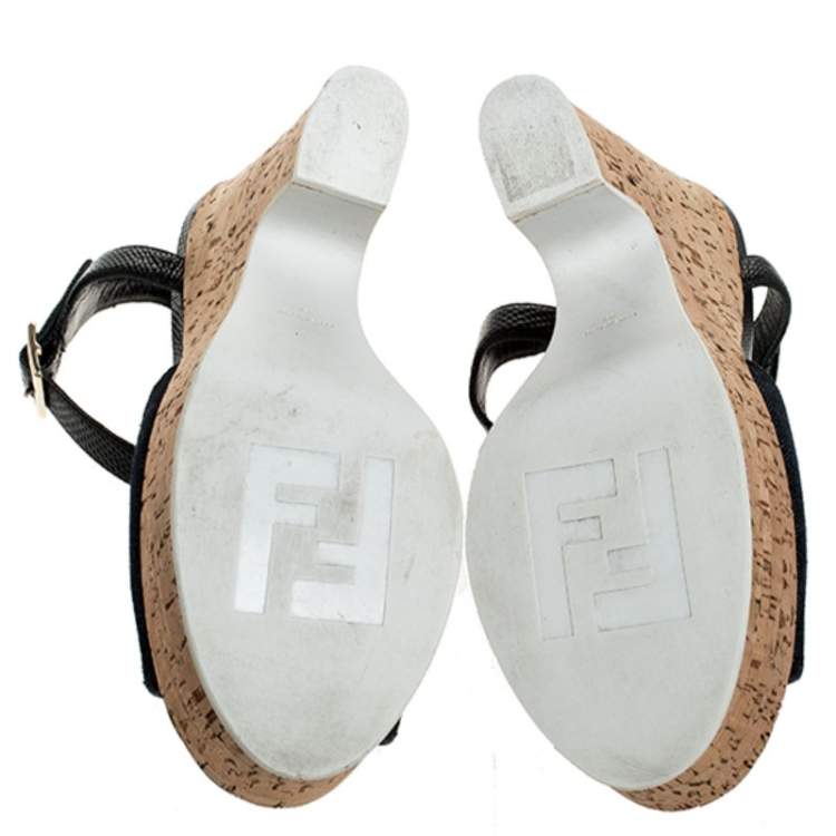 Pre Owned Fendi Blue Denim and Black Lizard Embossed Leather Cork Wedge Platform Ankle Strap Sandals Size 39.5