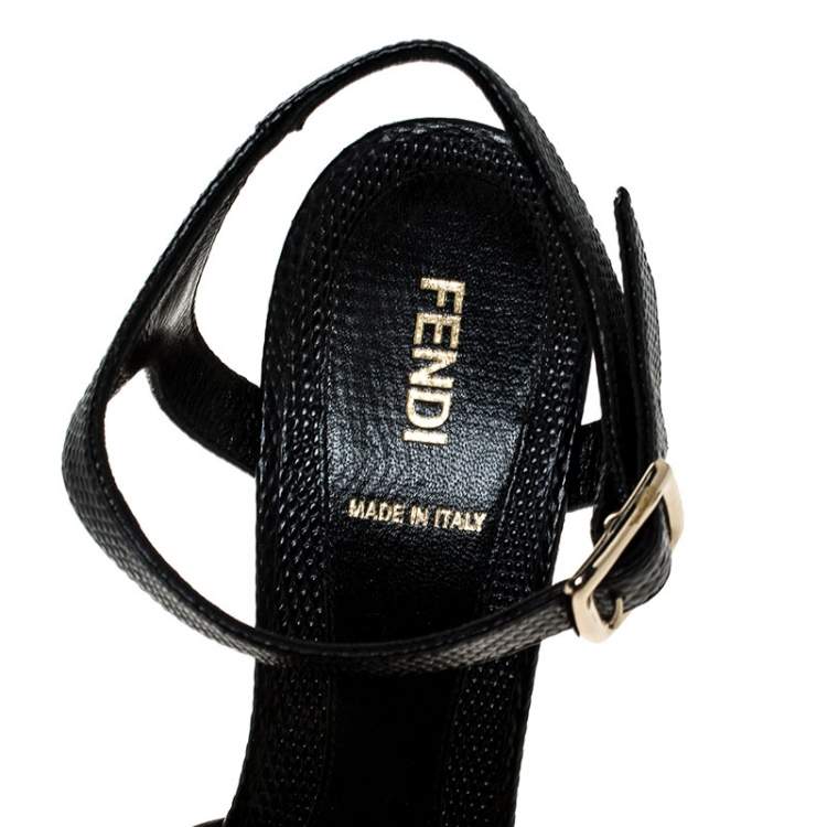 Pre Owned Fendi Blue Denim and Black Lizard Embossed Leather Cork Wedge Platform Ankle Strap Sandals Size 39.5