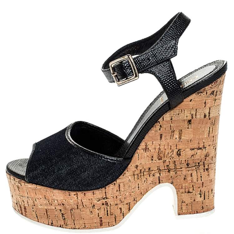 Pre Owned Fendi Blue Denim and Black Lizard Embossed Leather Cork Wedge Platform Ankle Strap Sandals Size 39.5